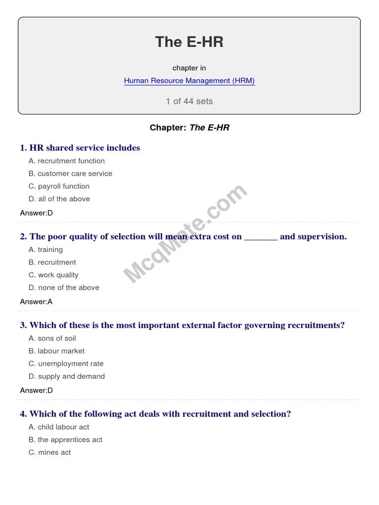 E-HR Chapter: HRM MCQs and Answers | PDF | Human Resources | Recruitment