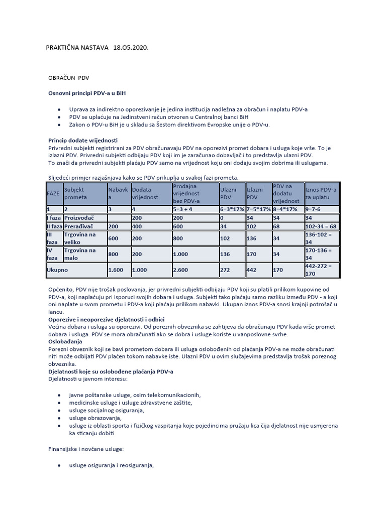 Praktična Nastava - Obračun PDV 18.05.2020. | PDF