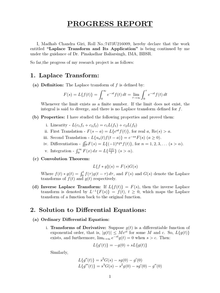 Progress Report 2 | PDF | Laplace Transform | Function (Mathematics)