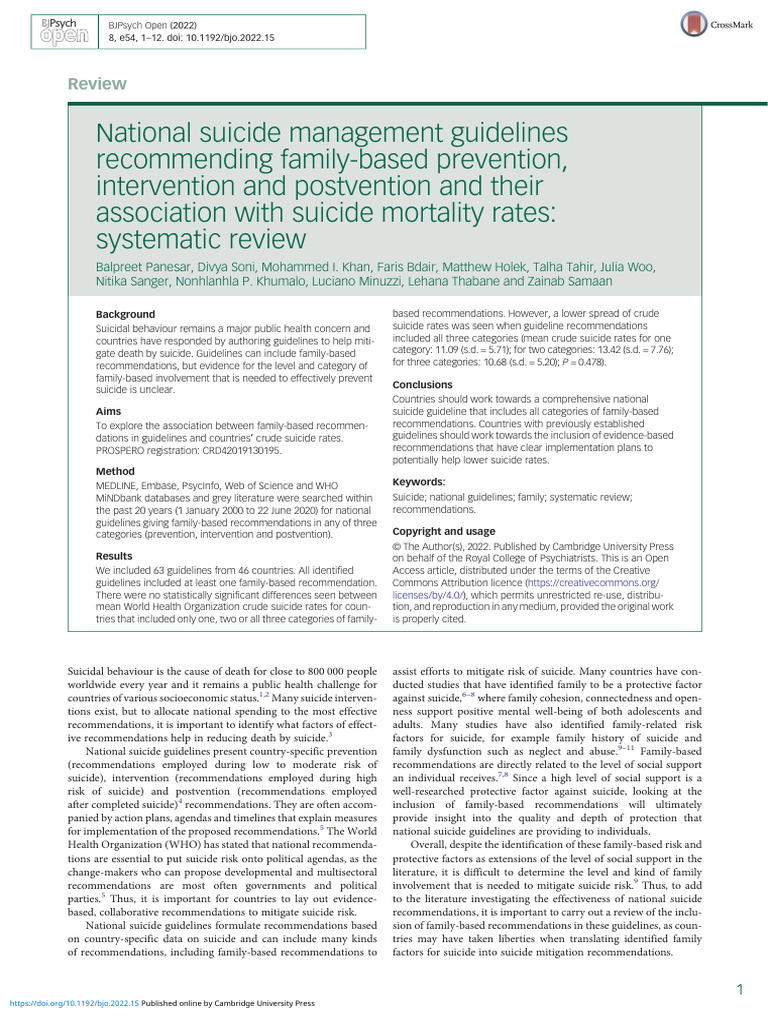 National Suicide Management Guidelines Recommending Familybased ...