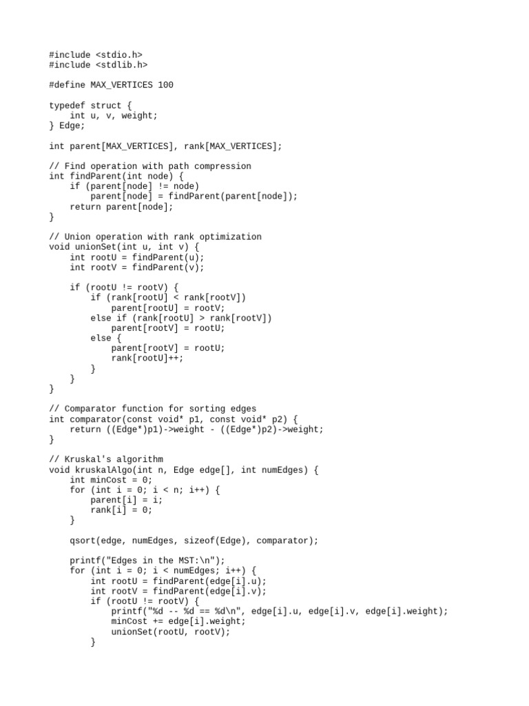 Implementing Kruskal's Algorithm in C | PDF