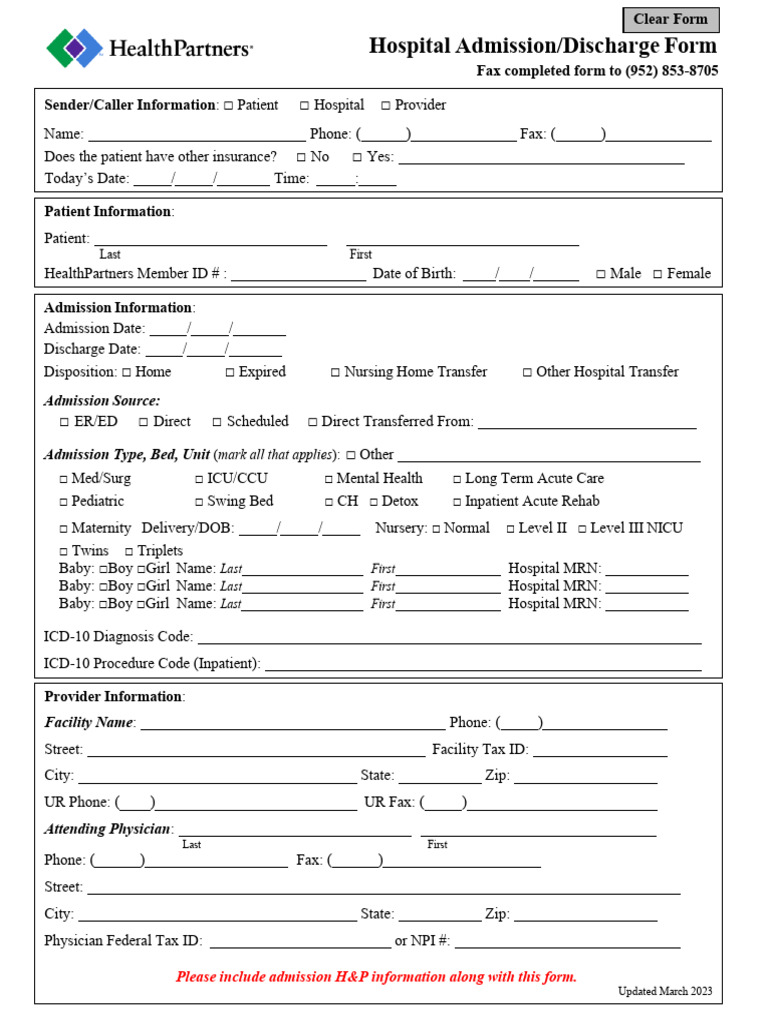 Hospital Admission/Discharge Form | PDF | Hospital | Patient