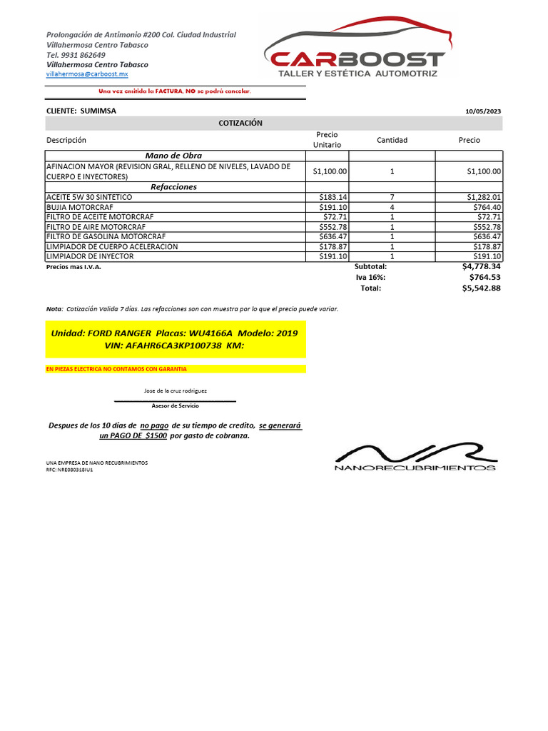 Cotización de Servicio para Ford Ranger | PDF