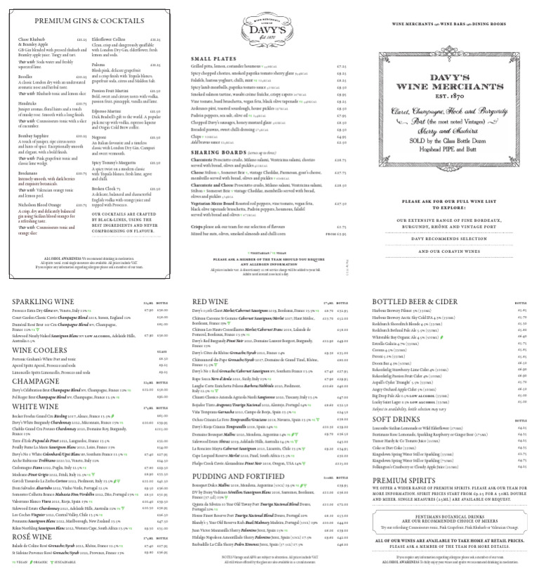 Davy's Bar: Premium Drinks Menu | PDF | Champagne | Gin