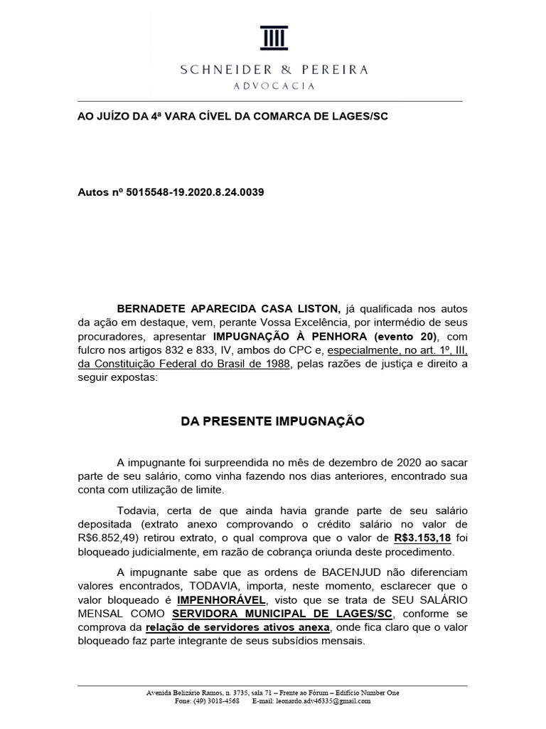 Impugnação à Penhora de Salário | PDF | Salário | Pensão alimentícia