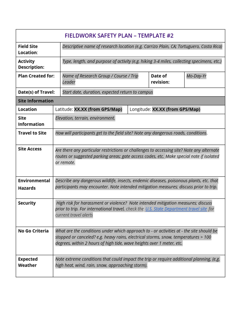 Fieldwork Safety Plan Template | PDF | Hyperthermia | Hazards
