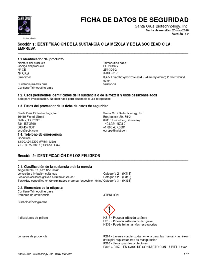 019 - FDS - Trimebutine Base - SANTA CRUZ BIOTECHNOLOGY | PDF | Agua ...