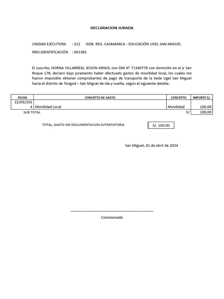 Declaración Jurada de Gastos de Movilidad | PDF