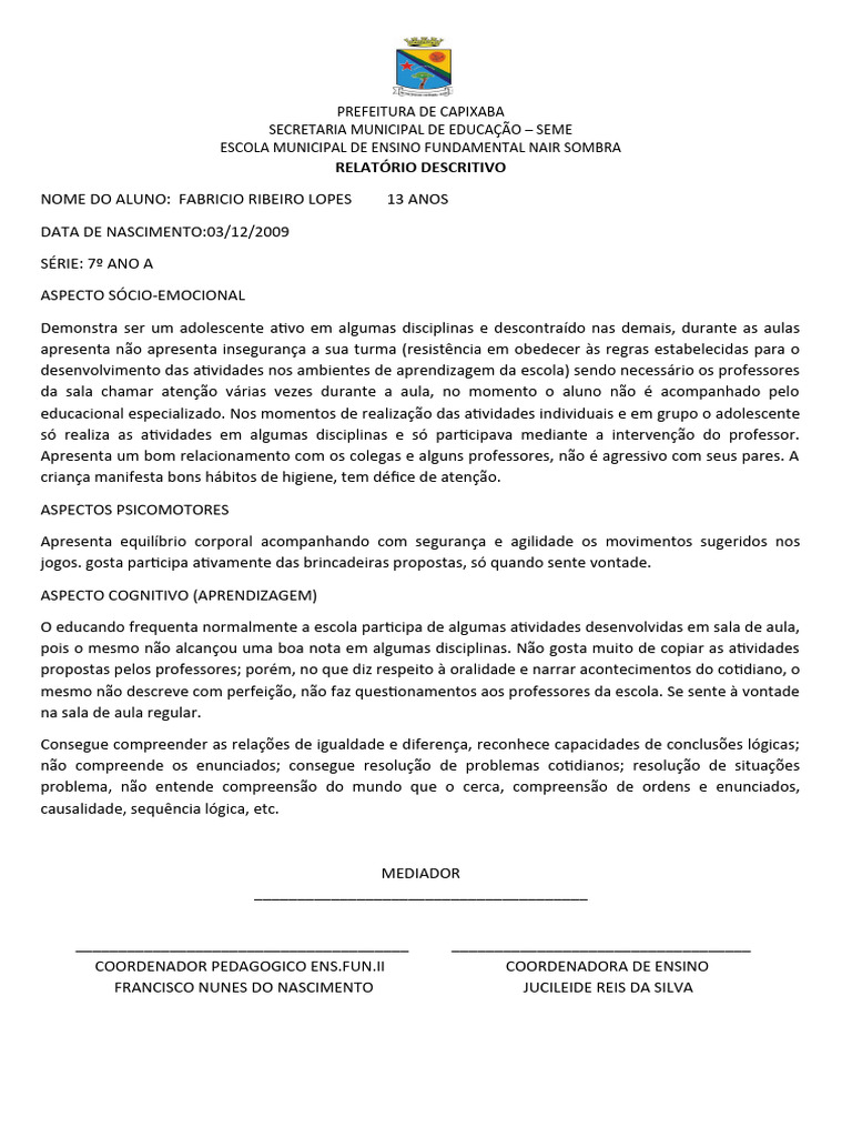 Relatório Descritivo de Alunos com Deficiência | PDF | Pedagogia ...