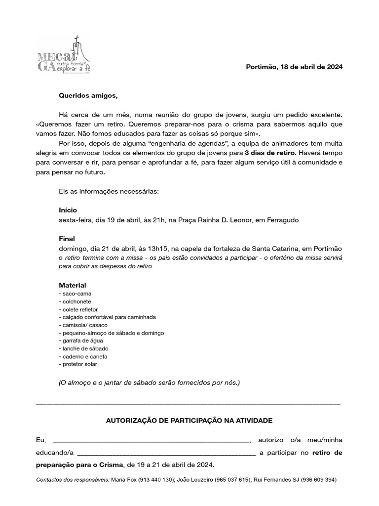 Carta para Retiro de Crisma 2024 | PDF | Ciências Sociais | Casa e Jardim