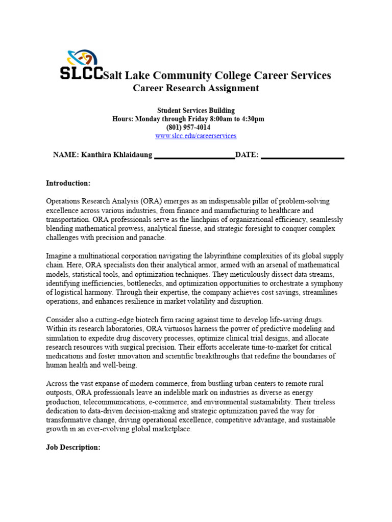 Career Research Assignment Download Free Pdf Operations Research