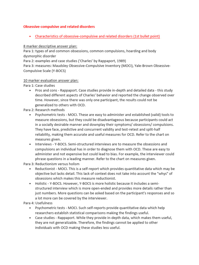 Answer Plan For OCD Download Free PDF Obsessive Compulsive Disorder
