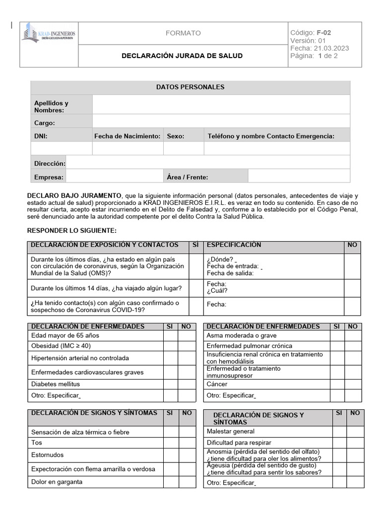 Declaración Jurada de Salud COVID-19 | PDF | Enfermedades y trastornos ...