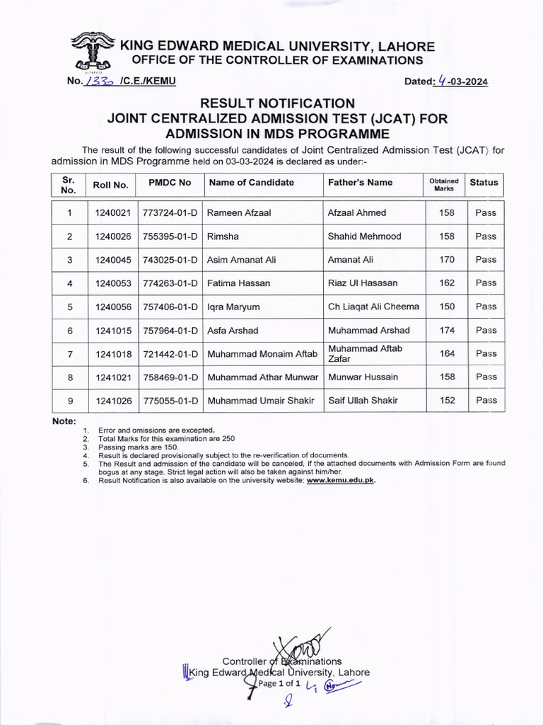 JCAT MDS Result Notification 2024 | PDF
