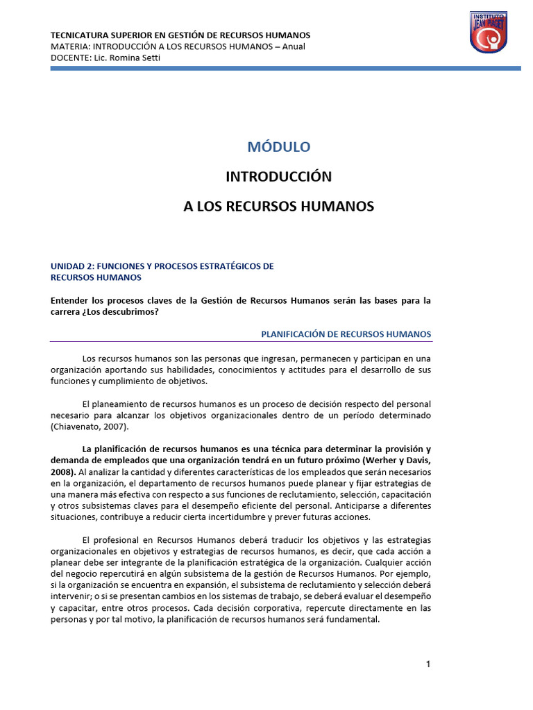 Módulo Introducción A Los RRHH - Lic. Setti - UNIDAD 2 | PDF | Gestión ...