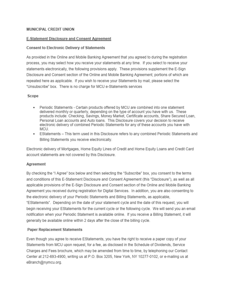 Mcu - Estatement Consent Disclosure | PDF | Credit Card | Loans