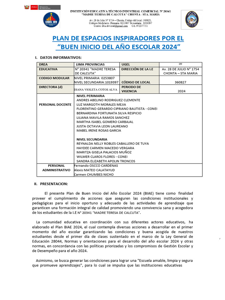 Plan de Espacios Inspiradores Por El Buen Inicio Del Año Escolar-2024 ...
