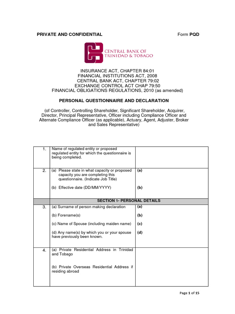 Personal Questionnaire for Financial Regulators | PDF | Board Of ...