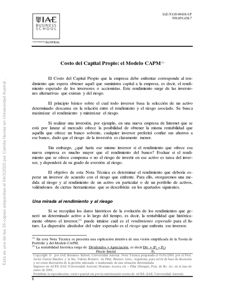Costo Del Capital Propio El Modelo CAPM | PDF | Business | Modelo de ...
