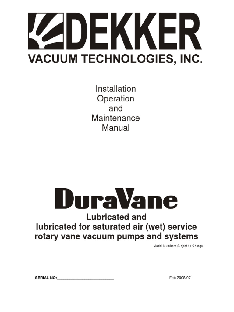 ET Dekker Vacuum Pumps IOMM Download Free PDF Pump Bearing