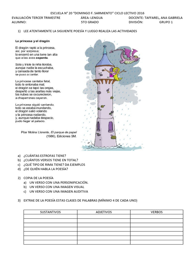 Evaluación de Lengua 5to Grado | PDF | Poesía