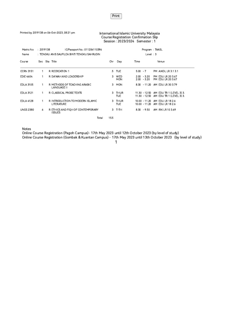 IIUM Course Registration Slip | PDF | Science & Mathematics