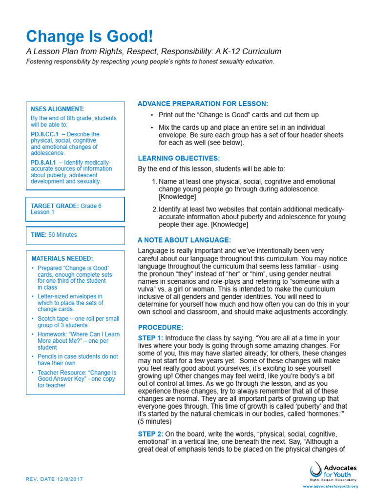 6 Lesson 1 3Rs ChangeisGood | PDF | Feeling | Adolescence