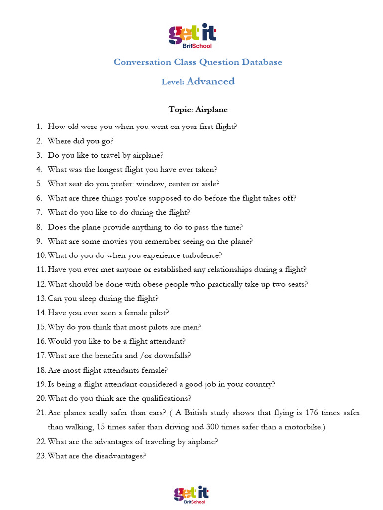 Advanced Conversation Questions: Airplane | PDF | Lunch | Meal