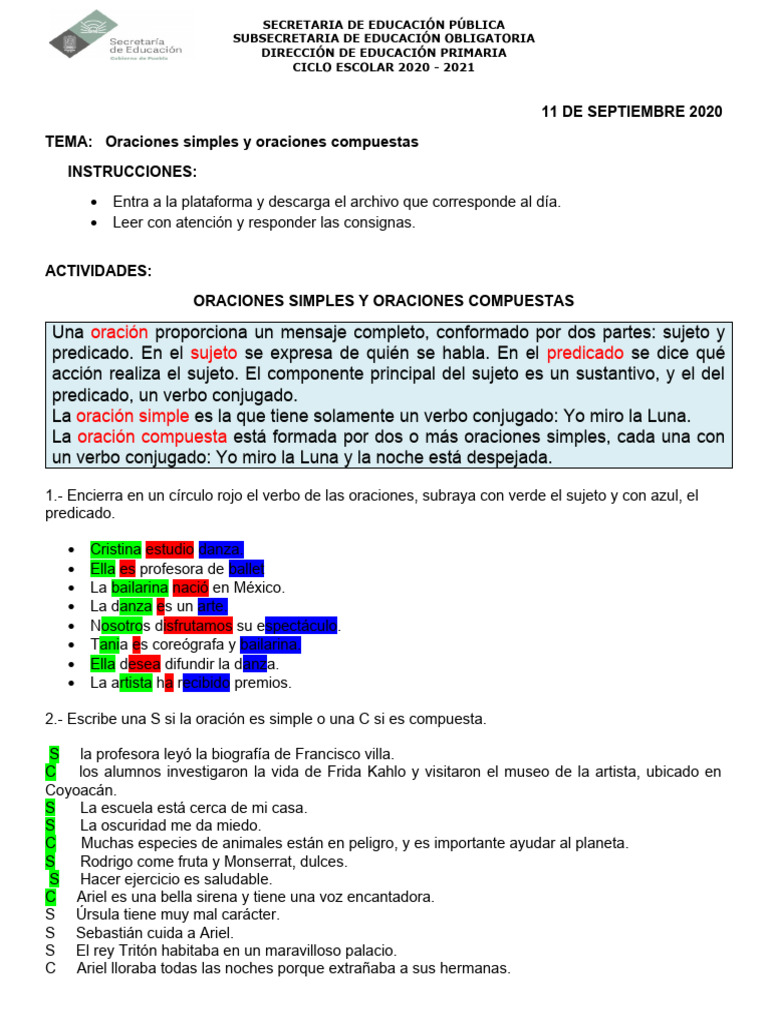11-09-2020 - Español-Oraciones Simples y Oraciones Compuestas | PDF ...