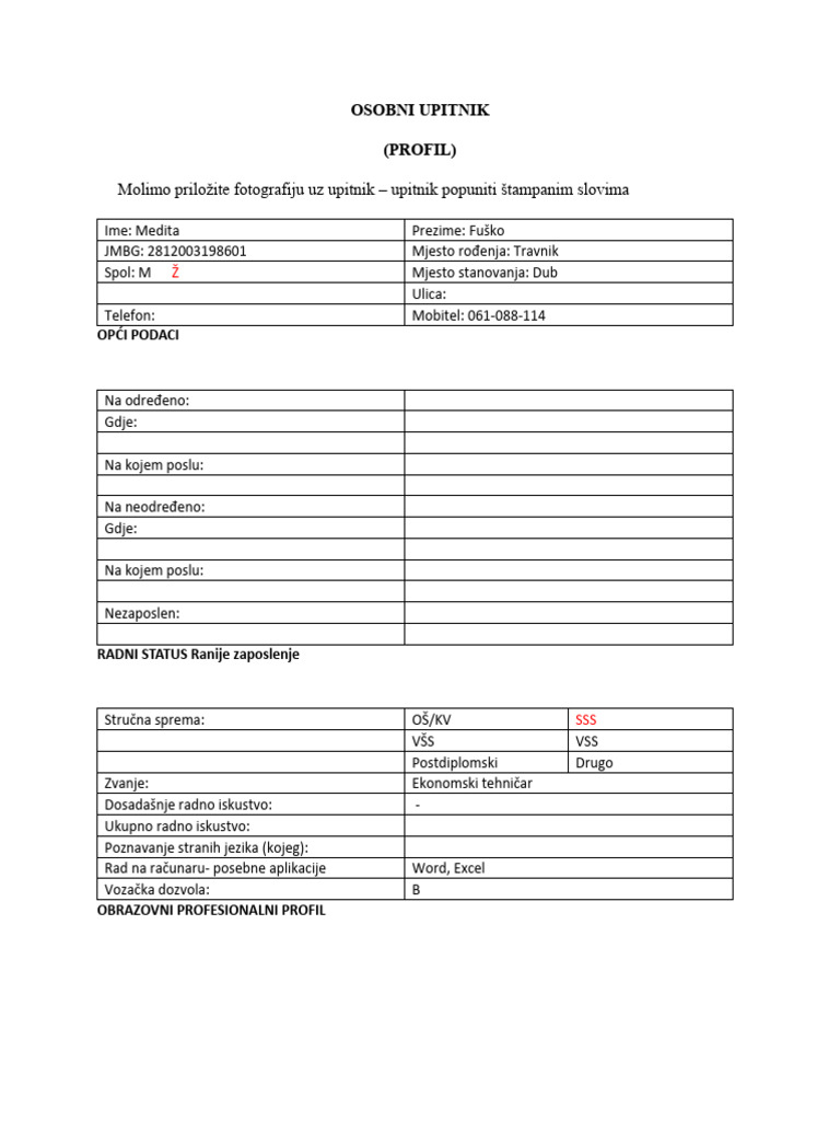 Osobni Upitnik | PDF