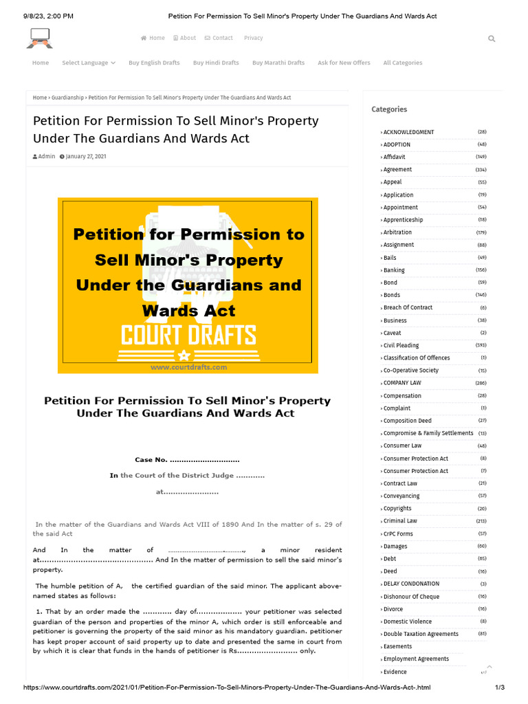 Petition For Permission To Sell Minor - S Property Under The Guardians ...