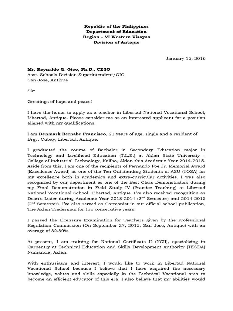 Teacher Application for Libertad School | PDF | Teachers | Educational ...