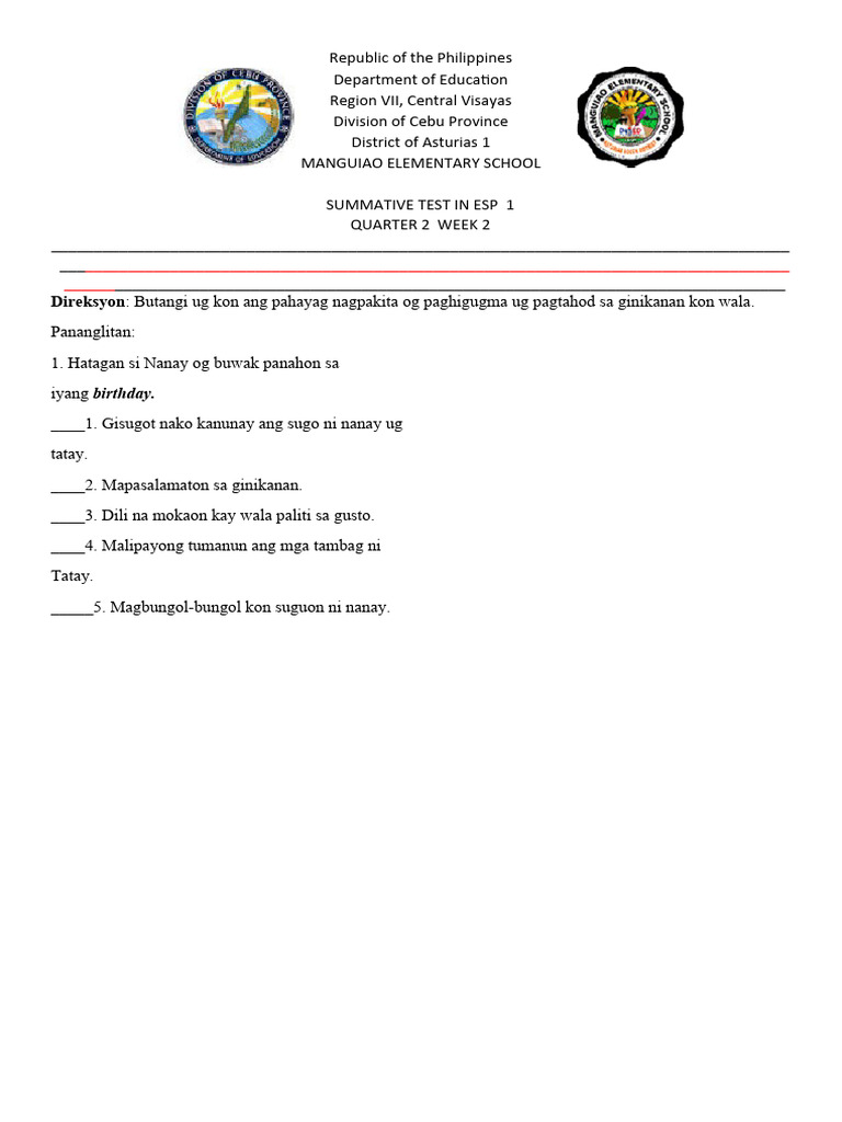 Summative Test q2 ESP 1 W2 | PDF