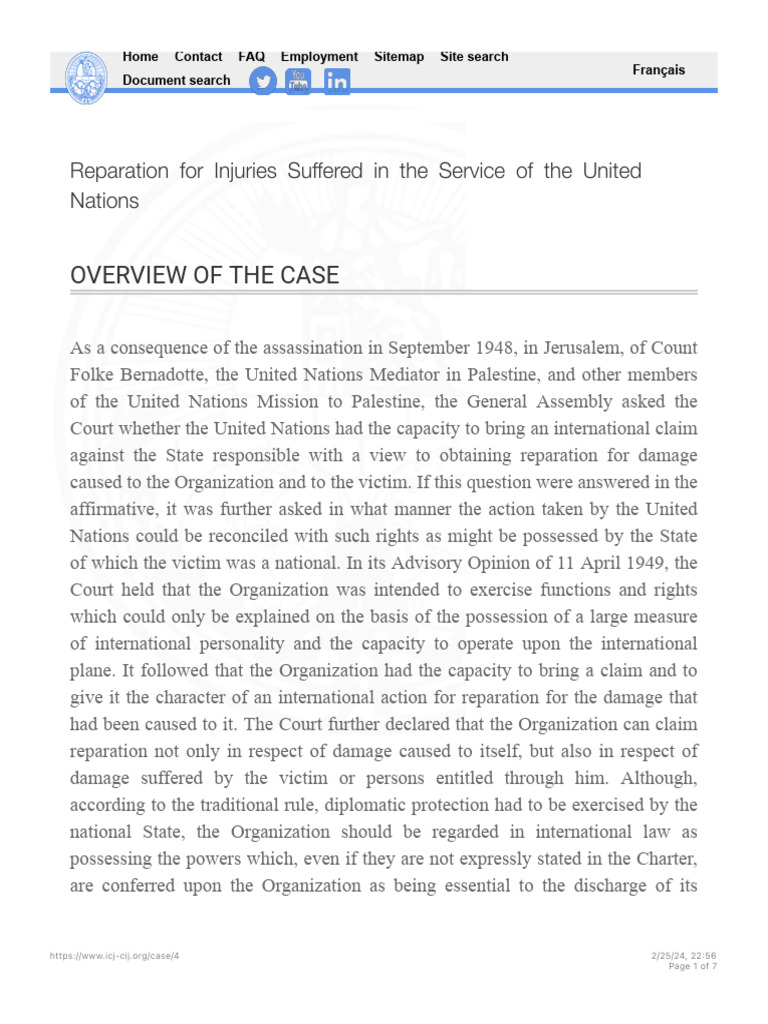 Reparation For Injuries Suffered in The Service of The United Nations ...
