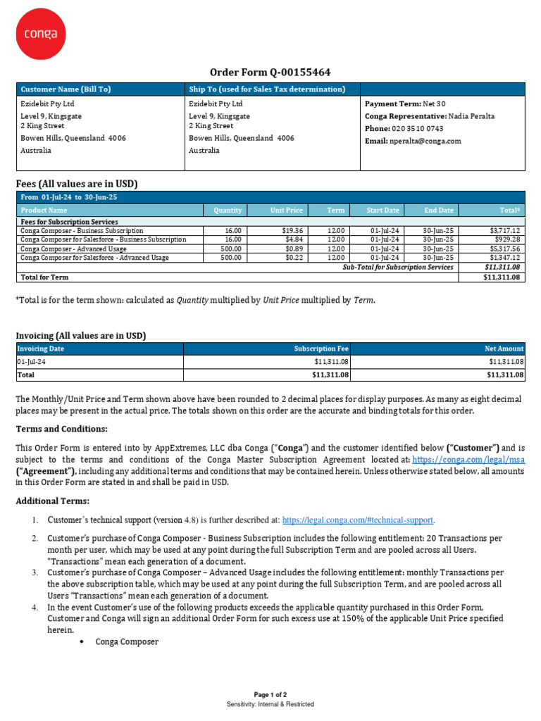 Conga Order Form Q-00155464 Details | PDF | Taxes | Subscription ...