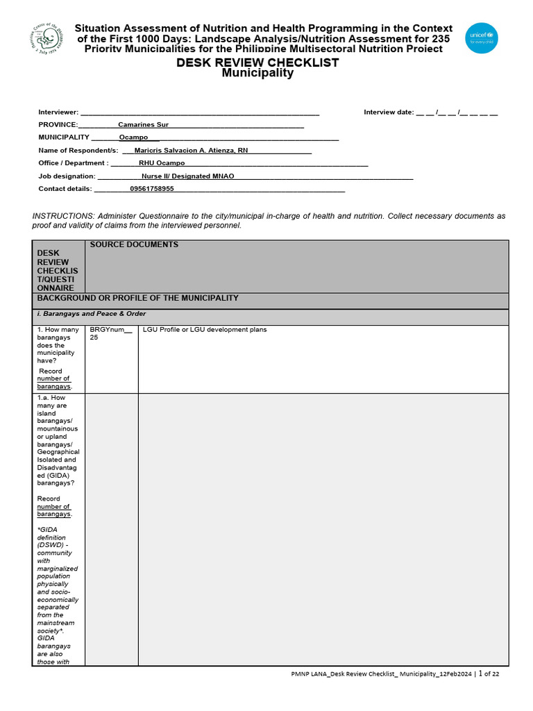 PMNP Nutrition Assessment Checklist | PDF | Human Nutrition | Micronutrient