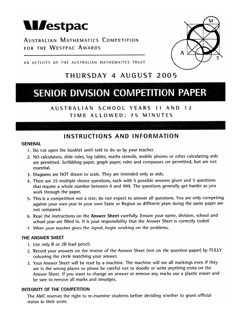 AMC 2005 Senior Division Questions | PDF | Numbers | Elementary Geometry