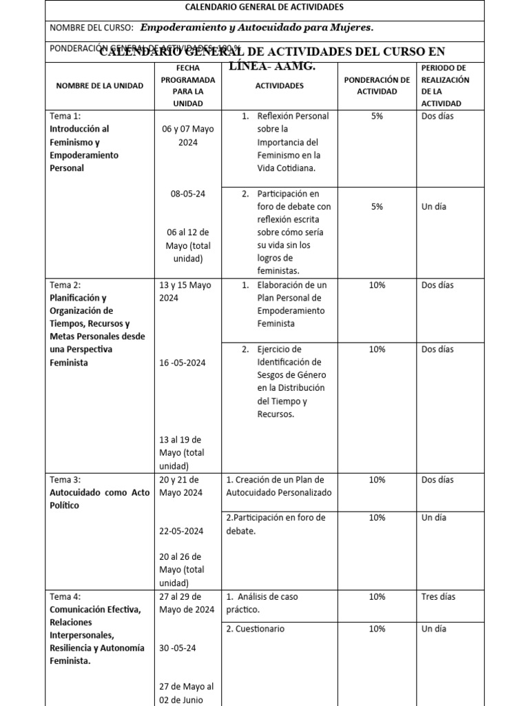 Calendario General de Actividades | PDF