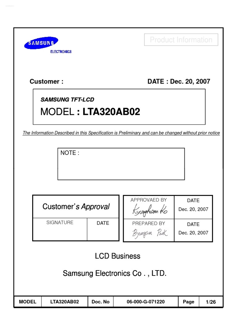Samsung LTA320AB02 Datasheet | PDF | Thin Film Transistor Liquid ...