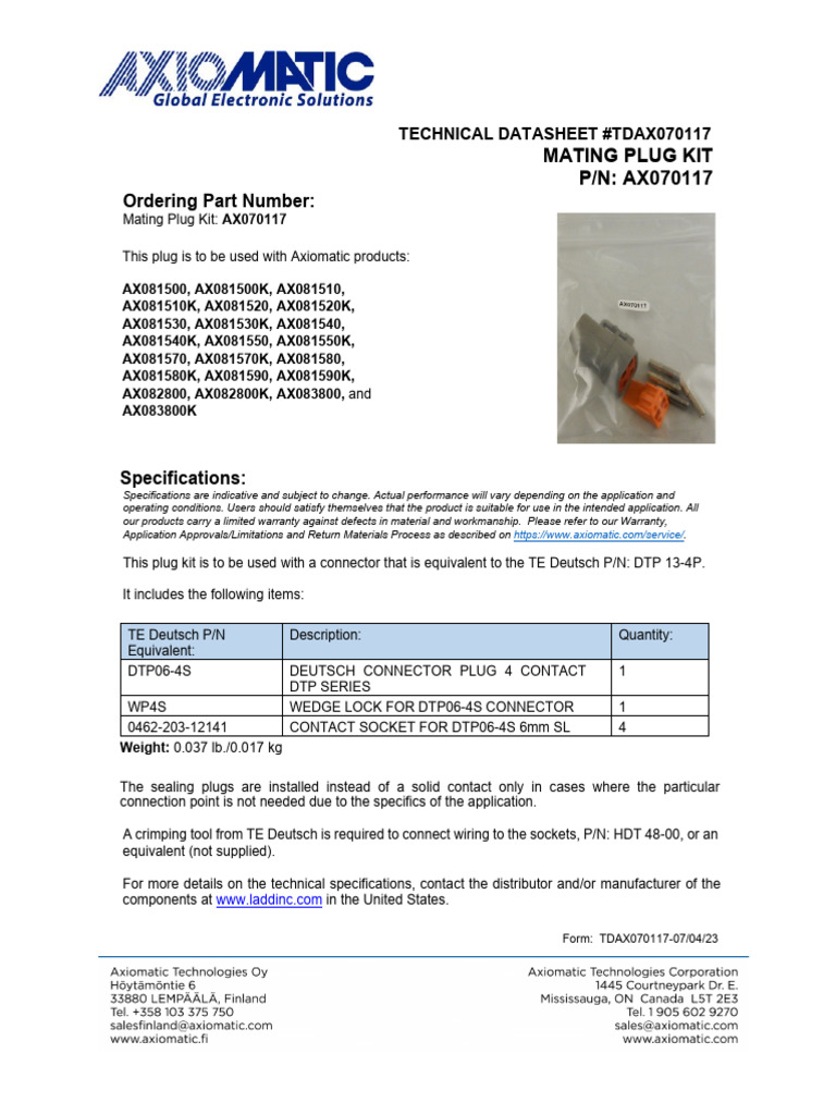 Mating Plug Kit for Axiomatic Users | PDF | Technology & Engineering