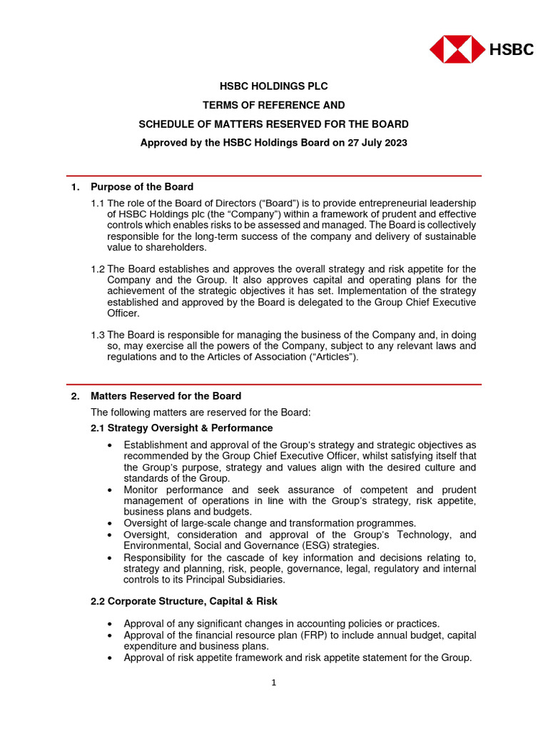 HSBC Board Terms of Reference 2023 | PDF | Corporate Governance | Committee