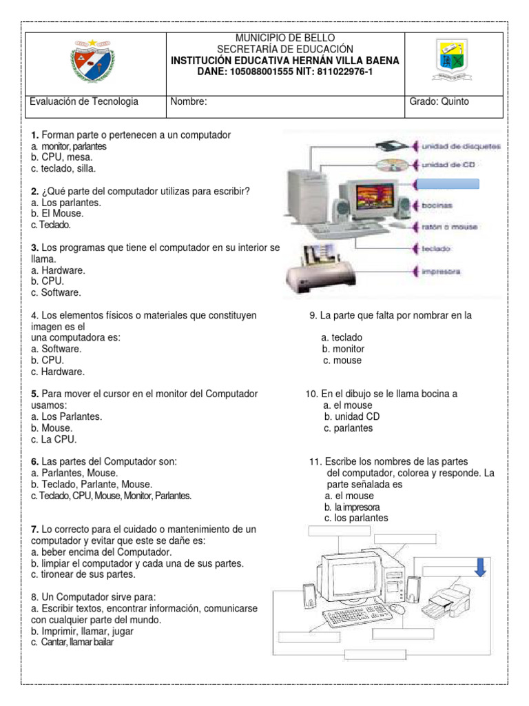 PRUEBA DE TECNOLOGÍA 5° 2do Periodo | PDF | Hardware de la computadora ...