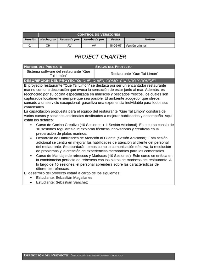Plantilla - Project Charter - Ejemplo | Descargar gratis PDF