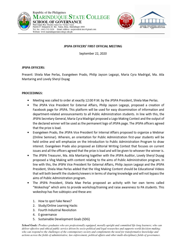 JPSPA FIRST OFFICIAL MEETING Minutes of Meeting 1 | PDF | Human ...