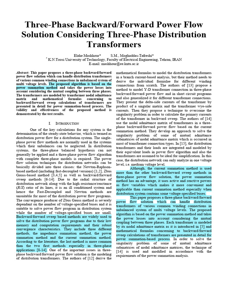 Three-Phase Power Flow Solution Method | PDF | Transformer | Matrix ...