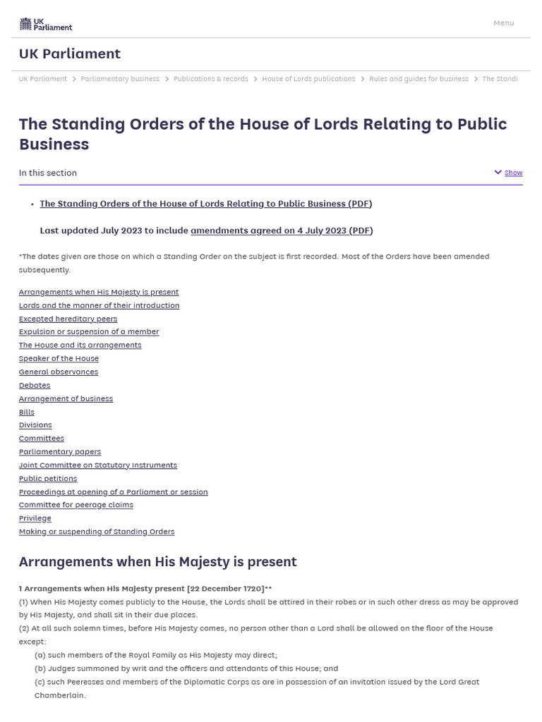 The Standing Orders of The House of Lords Relatin | PDF | House Of ...