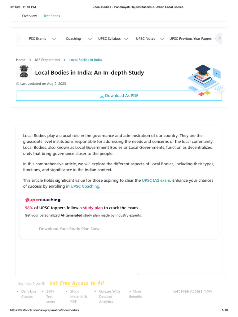 Local Bodies: Panchayati Raj & ULBs Explained | PDF