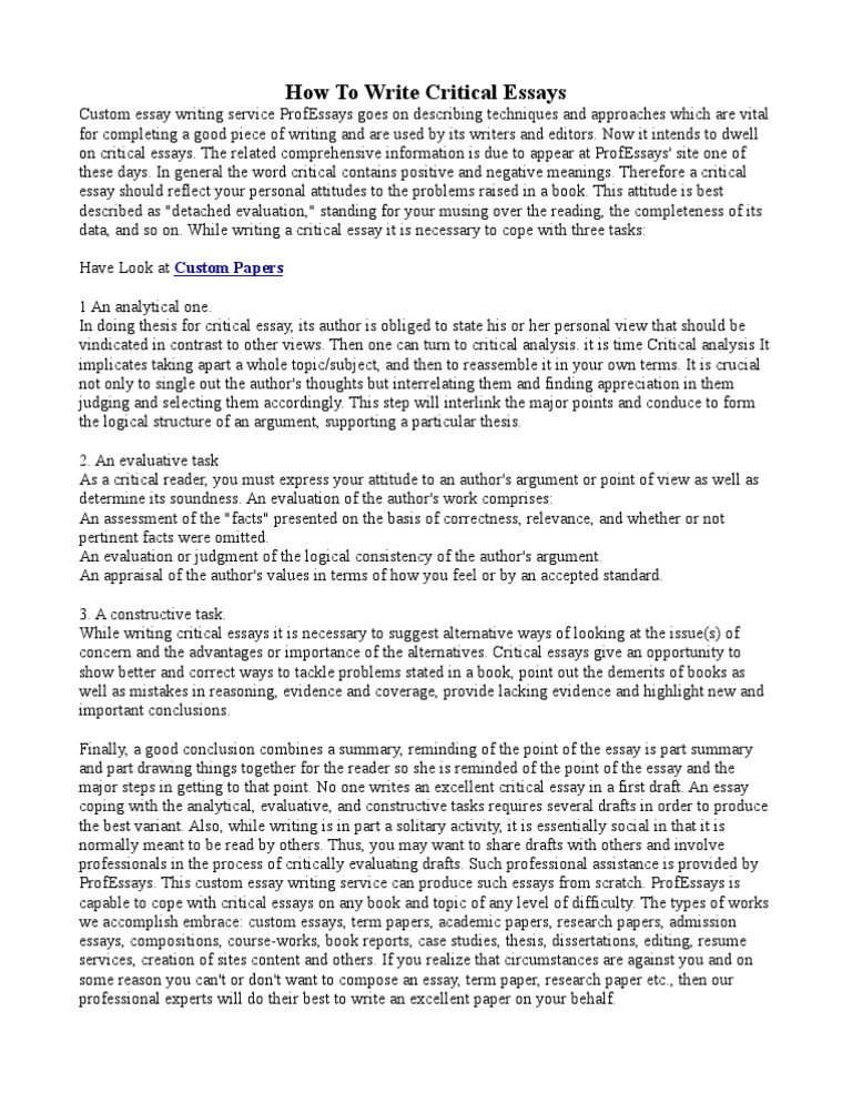 How To Write Critical Essays: Custom Papers | PDF