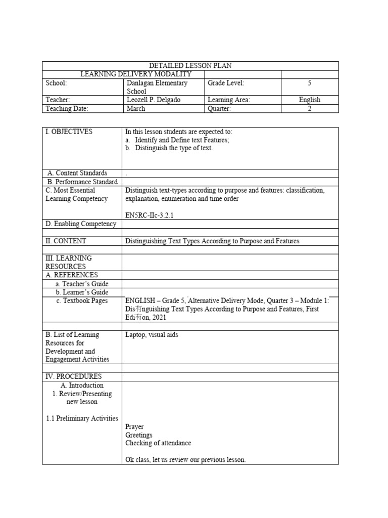 Grade 5 English Lesson Plan on Text Types | PDF | Climate | Learning