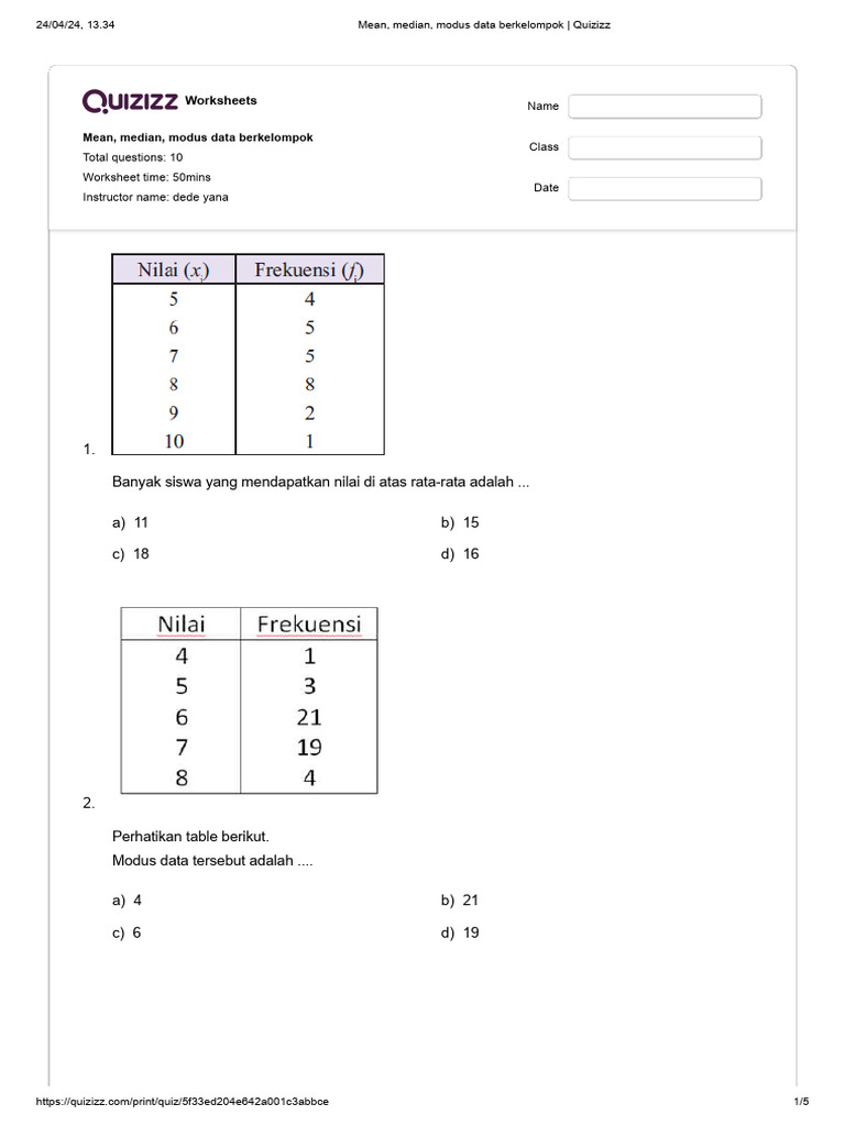 Mean Median Modus Data Berkelompok Quizizz Pdf
